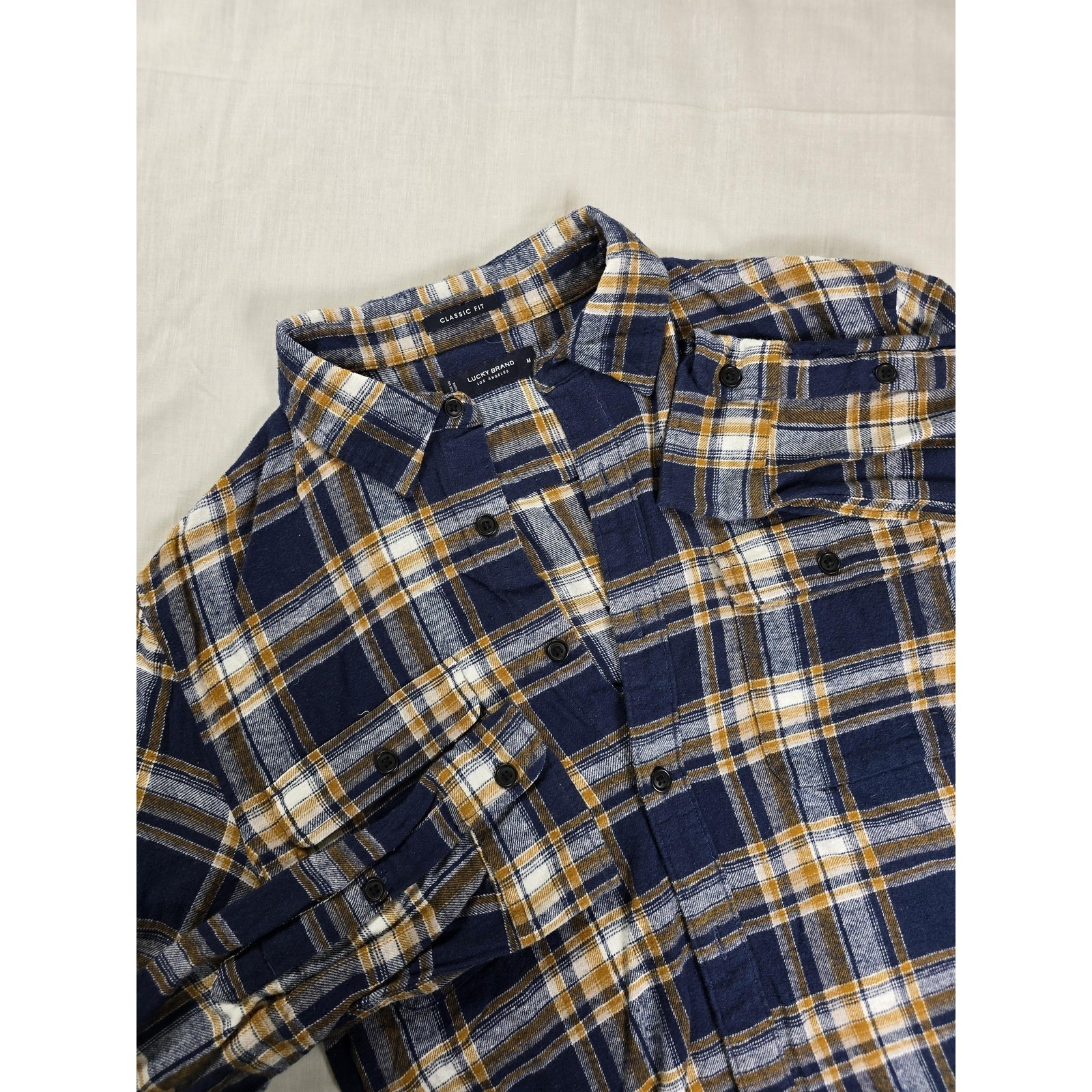 Lucky Brand Shirt Mens Medium Navy Yellow Plaid Classic Fit Long Sleeve 7ms4001